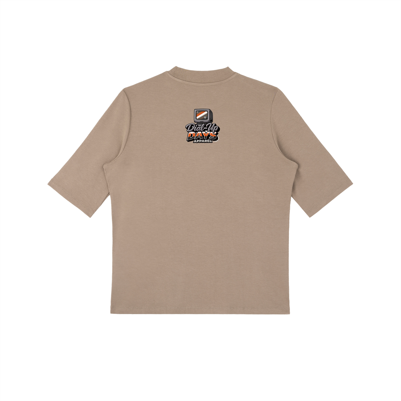 Beige t-shirt with a logo on the back against a white background