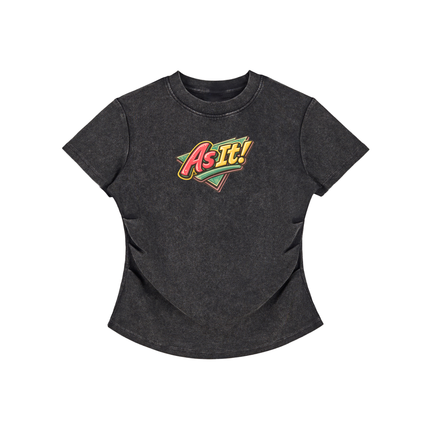 Black t-shirt with colorful 'As It!' logo on a white background