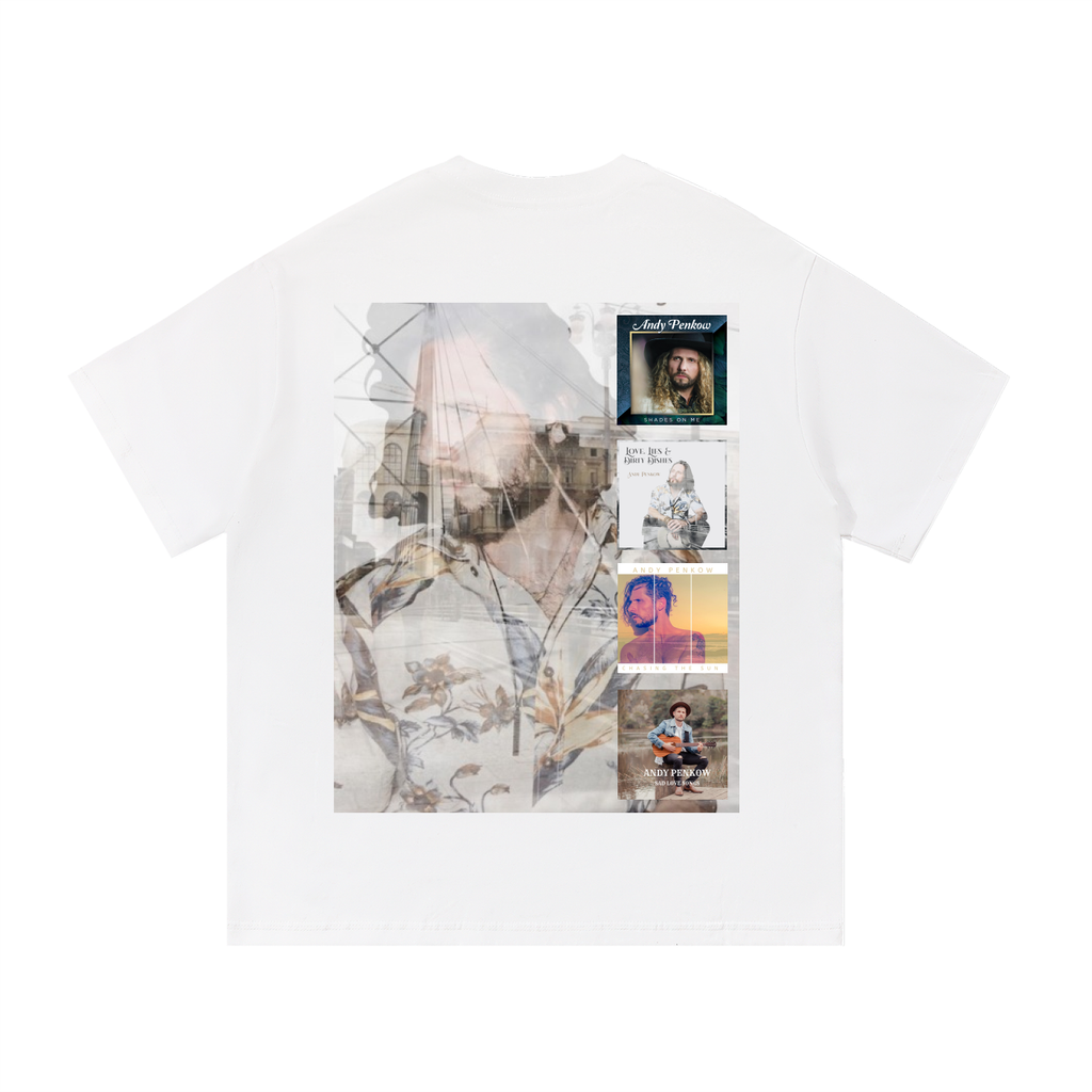 White t-shirt with collage of images and text on a white background