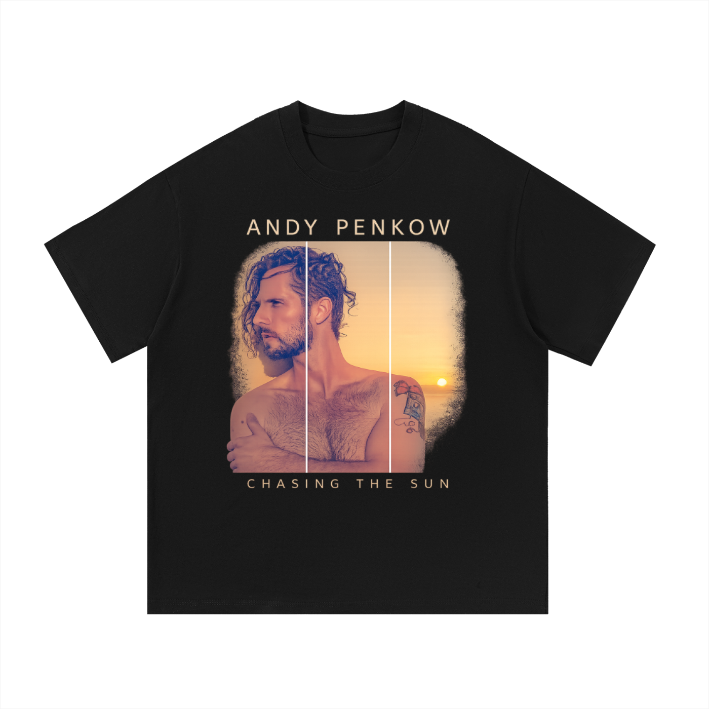 Black t-shirt with a graphic of a man and text 'Andy Penkow Chasing the Sun' on a white background