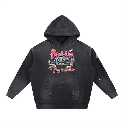 Black hoodie with colorful graphic design on a white background