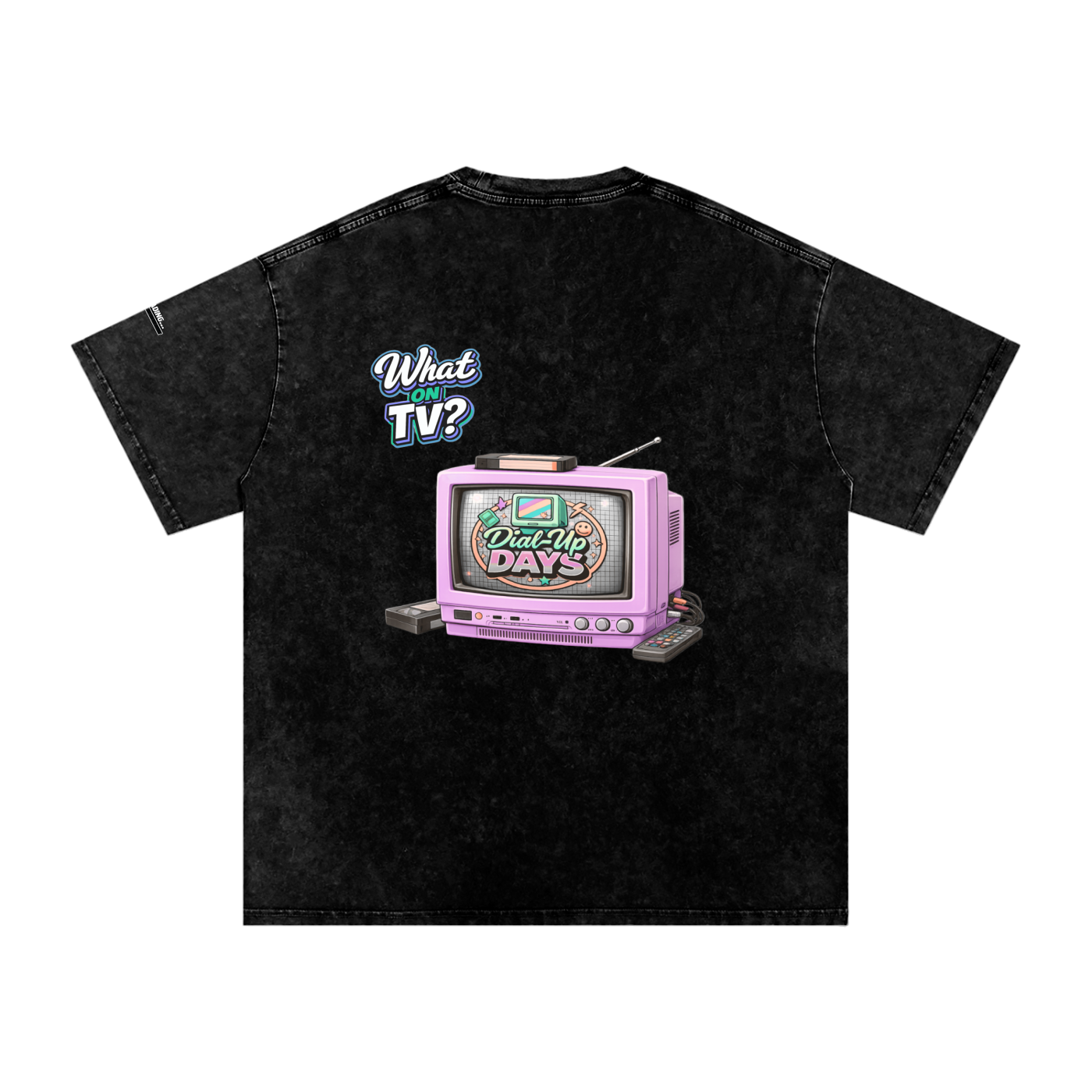 Black t-shirt with a retro TV graphic and text on a white background