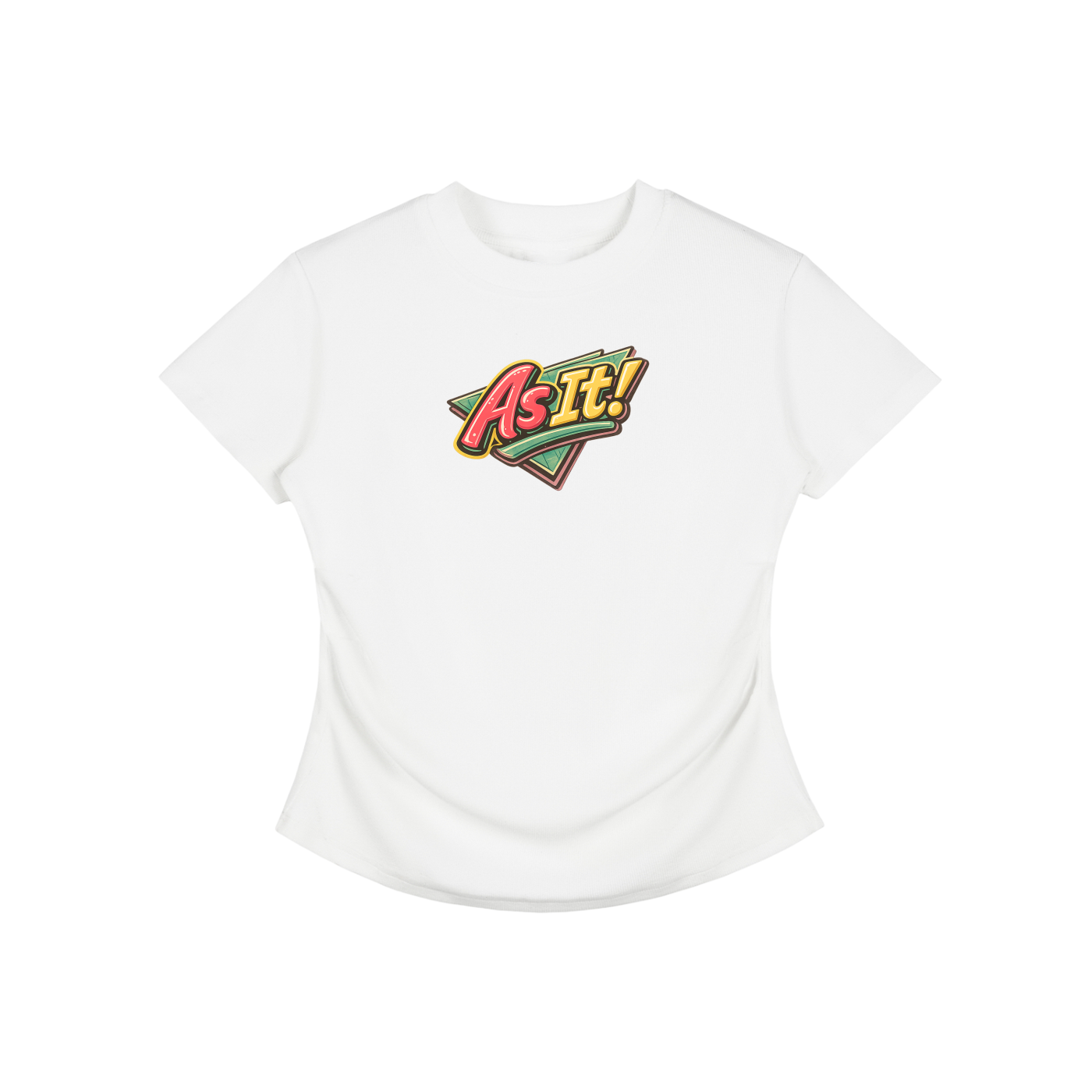 White t-shirt with colorful 'As It!' logo on a white background