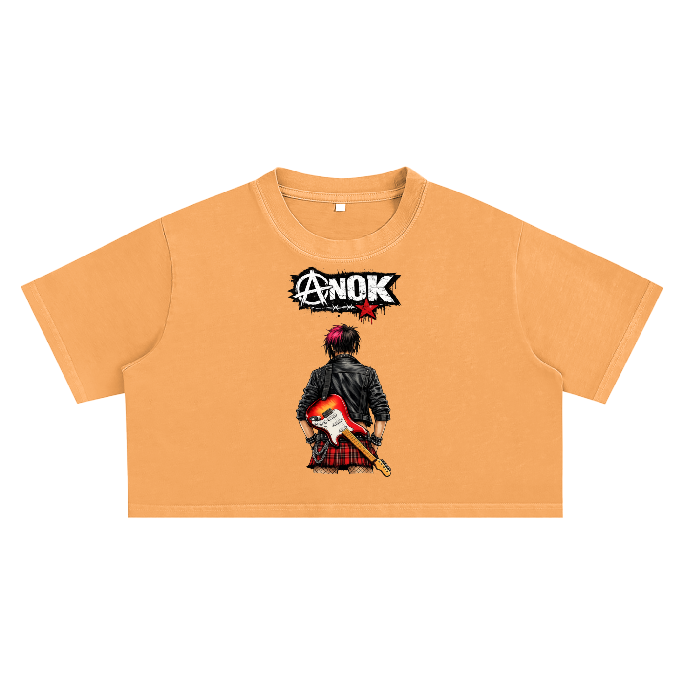 Orange t-shirt with graphic design and 'ANOK' branding on a white background