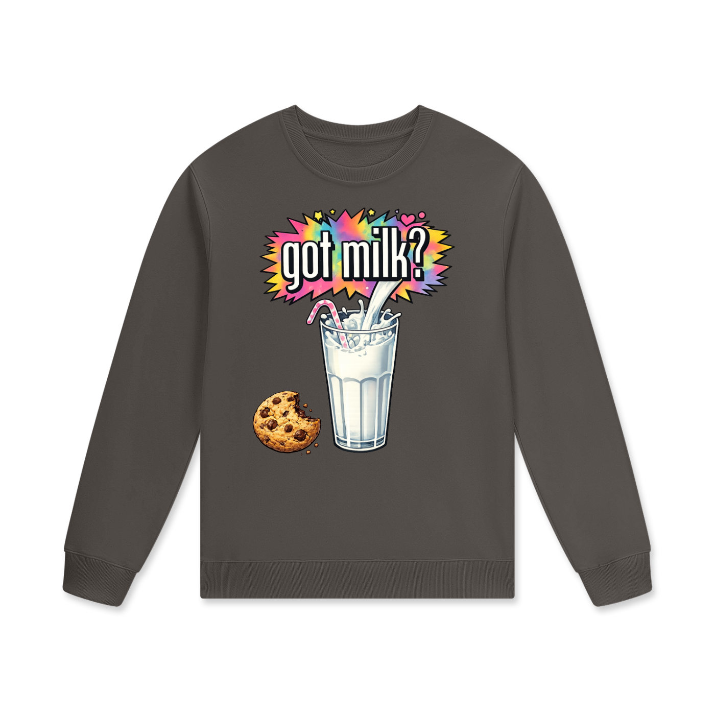 Gray sweatshirt with 'got milk?' graphic featuring a cookie and glass of milk on a white background