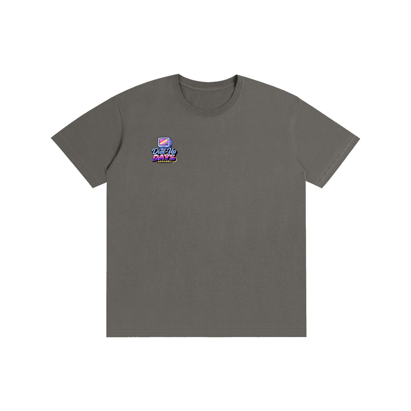 Gray t-shirt with a logo on the chest against a white background