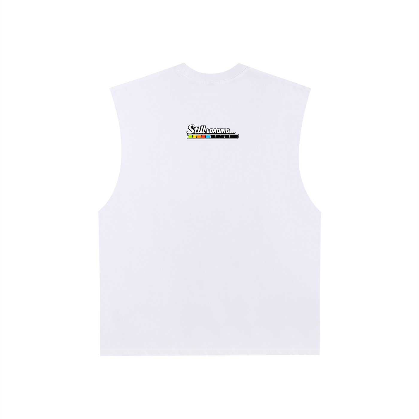 White sleeveless shirt with a logo on the chest against a white background