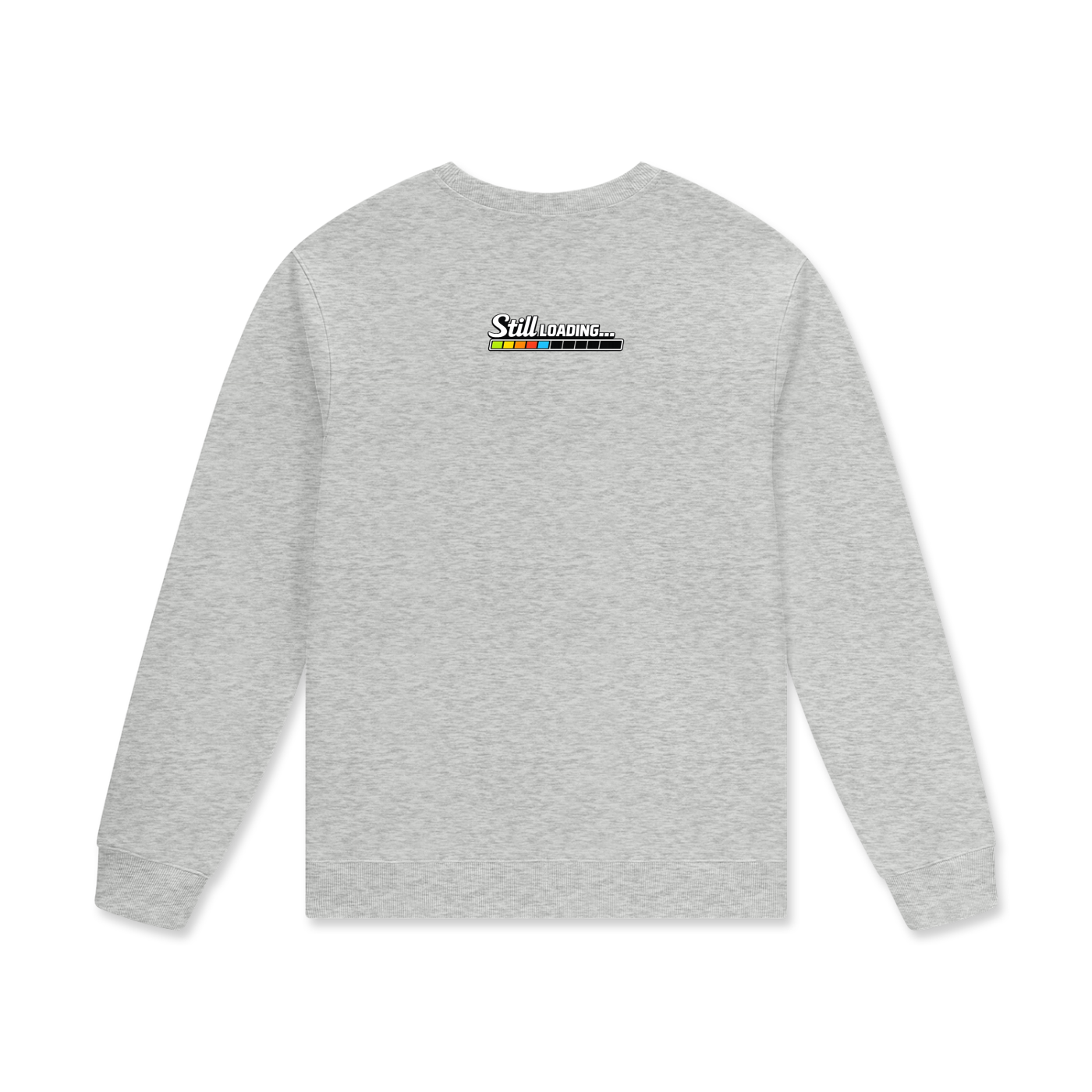 Gray long-sleeve shirt with a logo on the back against a white background