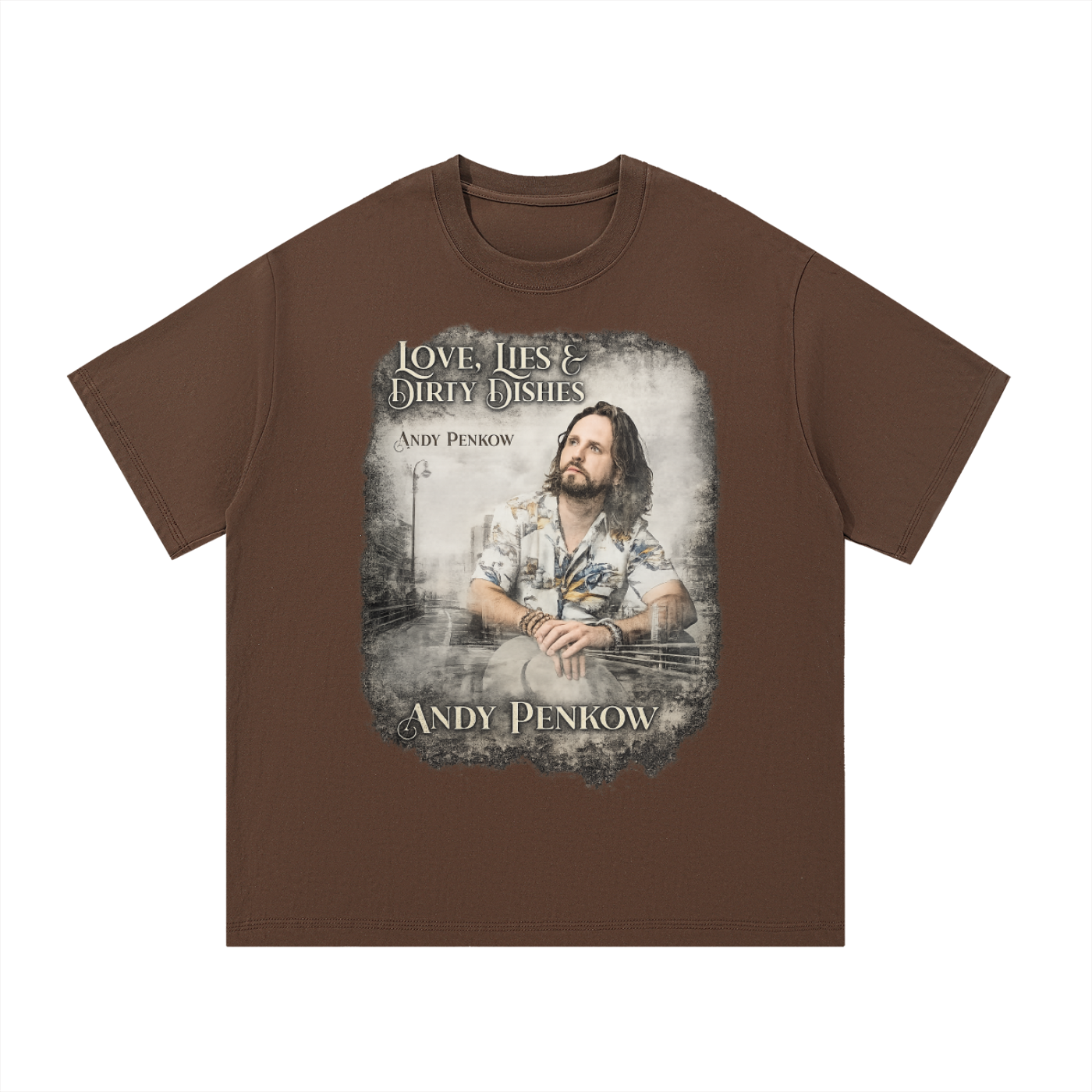 Brown t-shirt with graphic design of a man and text on a white background