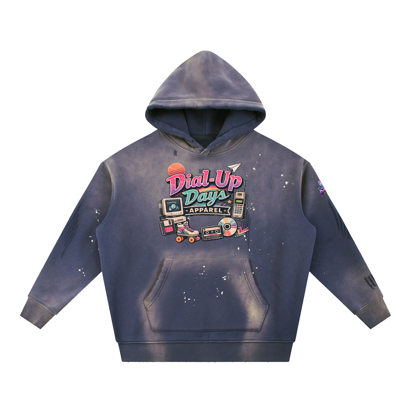 Blue hoodie with 'Dial-Up Days Apparel' logo on a white background