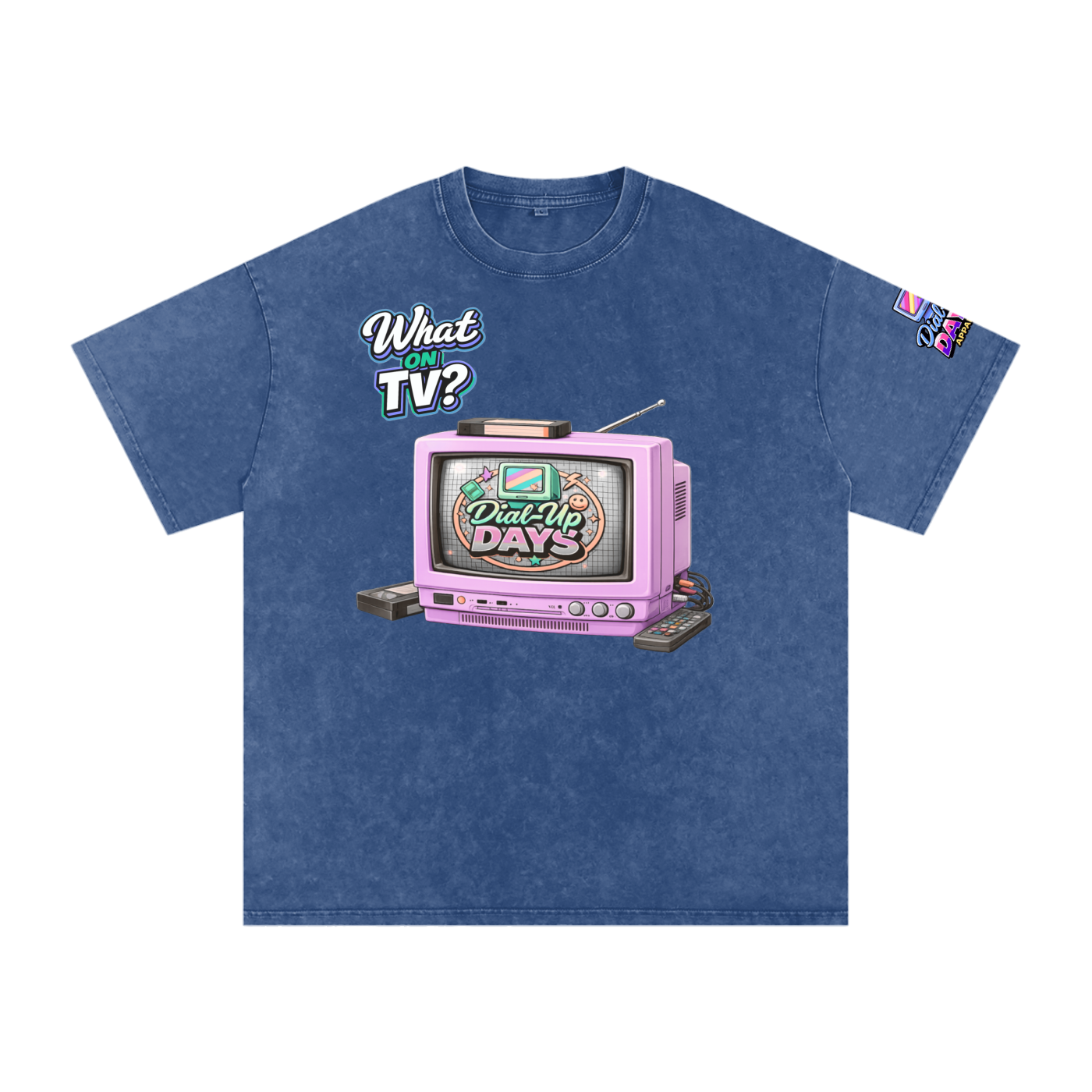 Blue t-shirt with a graphic of a pink vintage TV and text on a white background