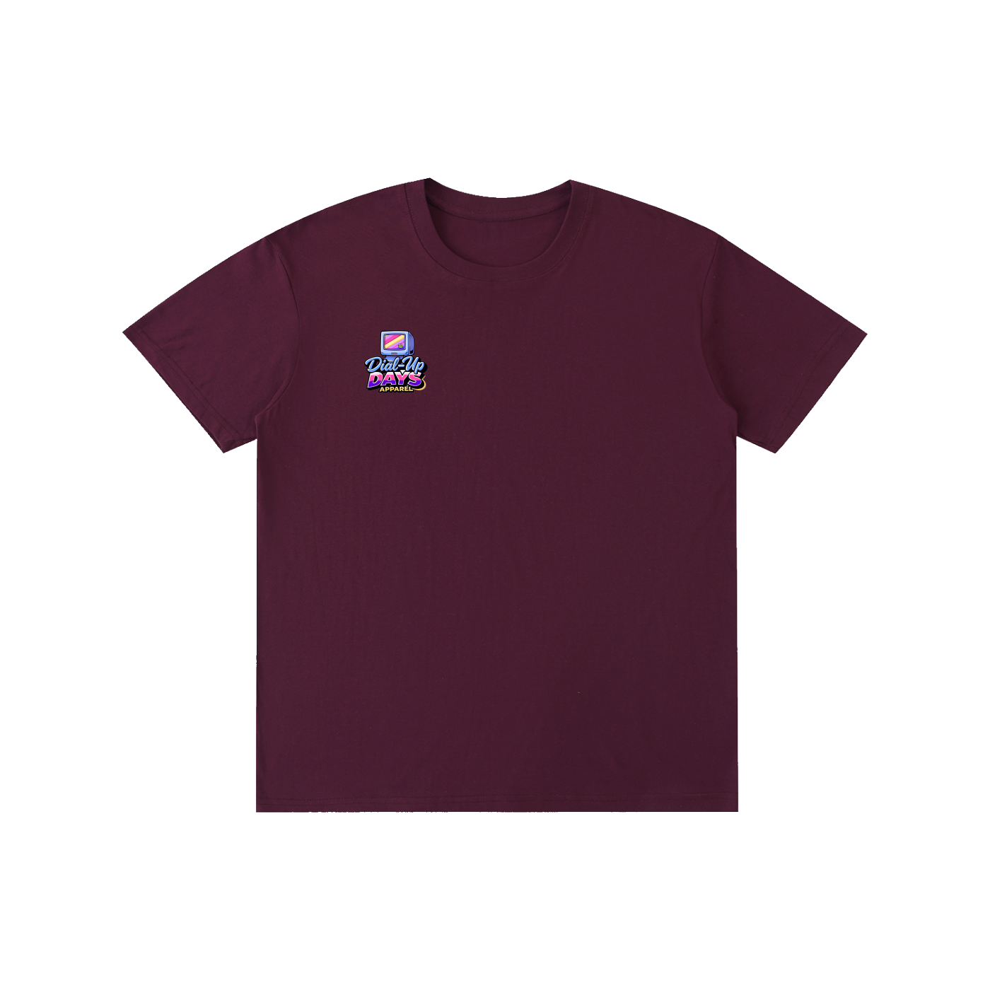 Maroon t-shirt with a small logo on the chest against a white background