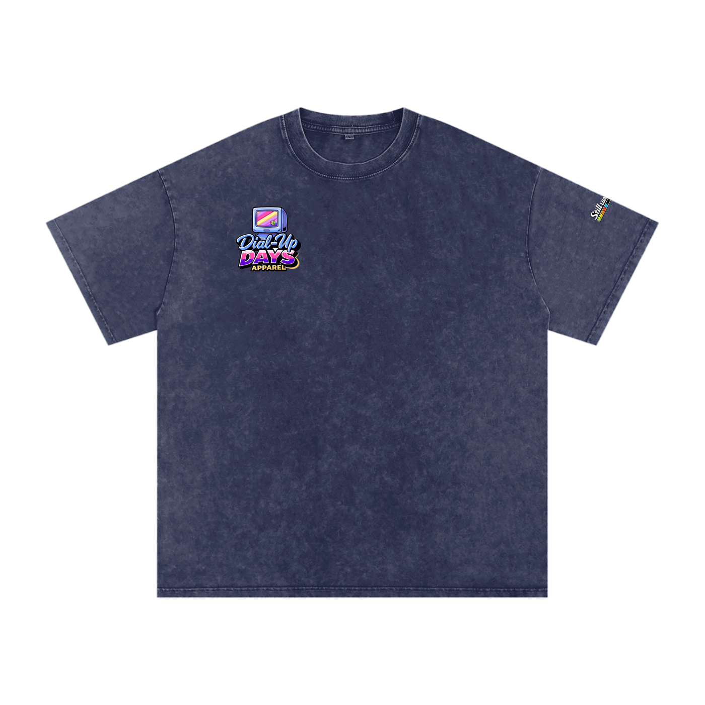Navy blue t-shirt with a logo on the chest against a white background