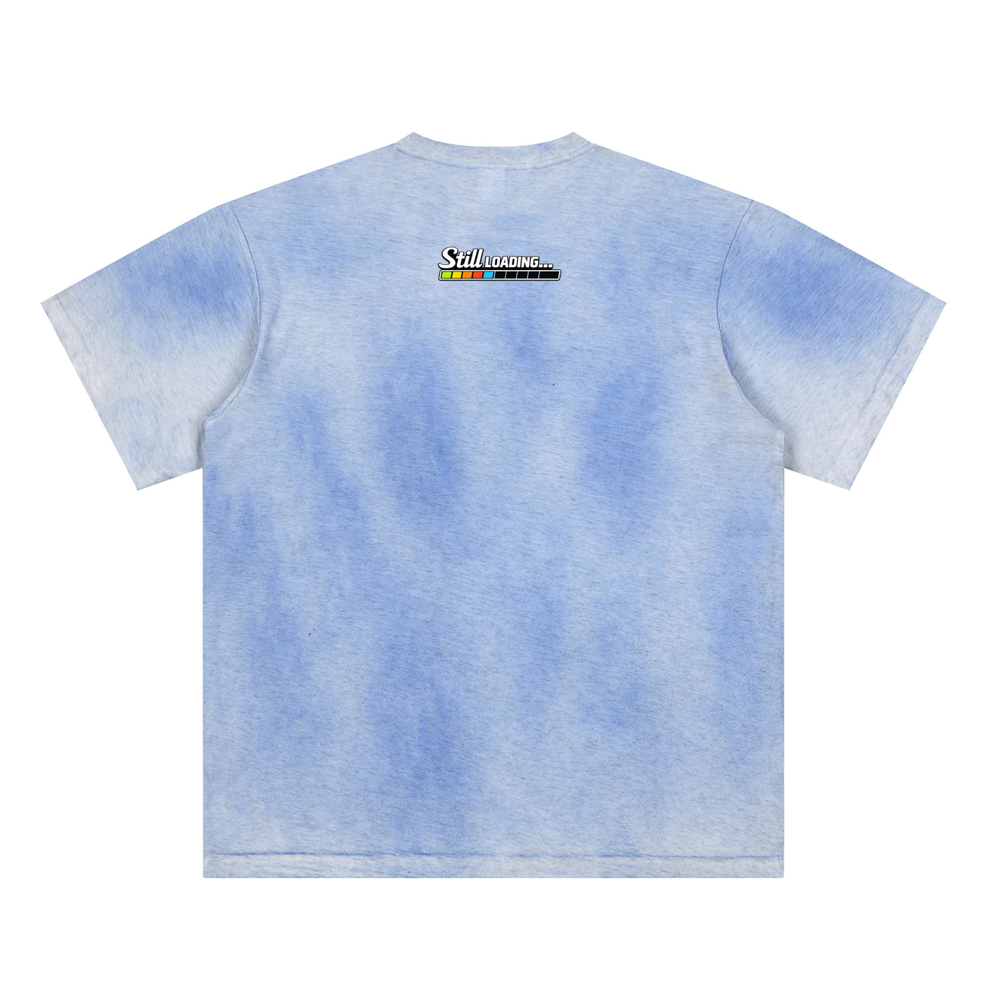 Blue tie-dye t-shirt with a brand logo on the back against a white background
