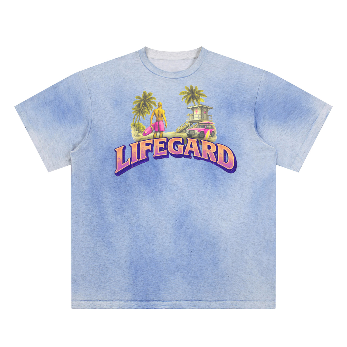 Blue tie-dye t-shirt with 'LIFEGARD' graphic on a white background