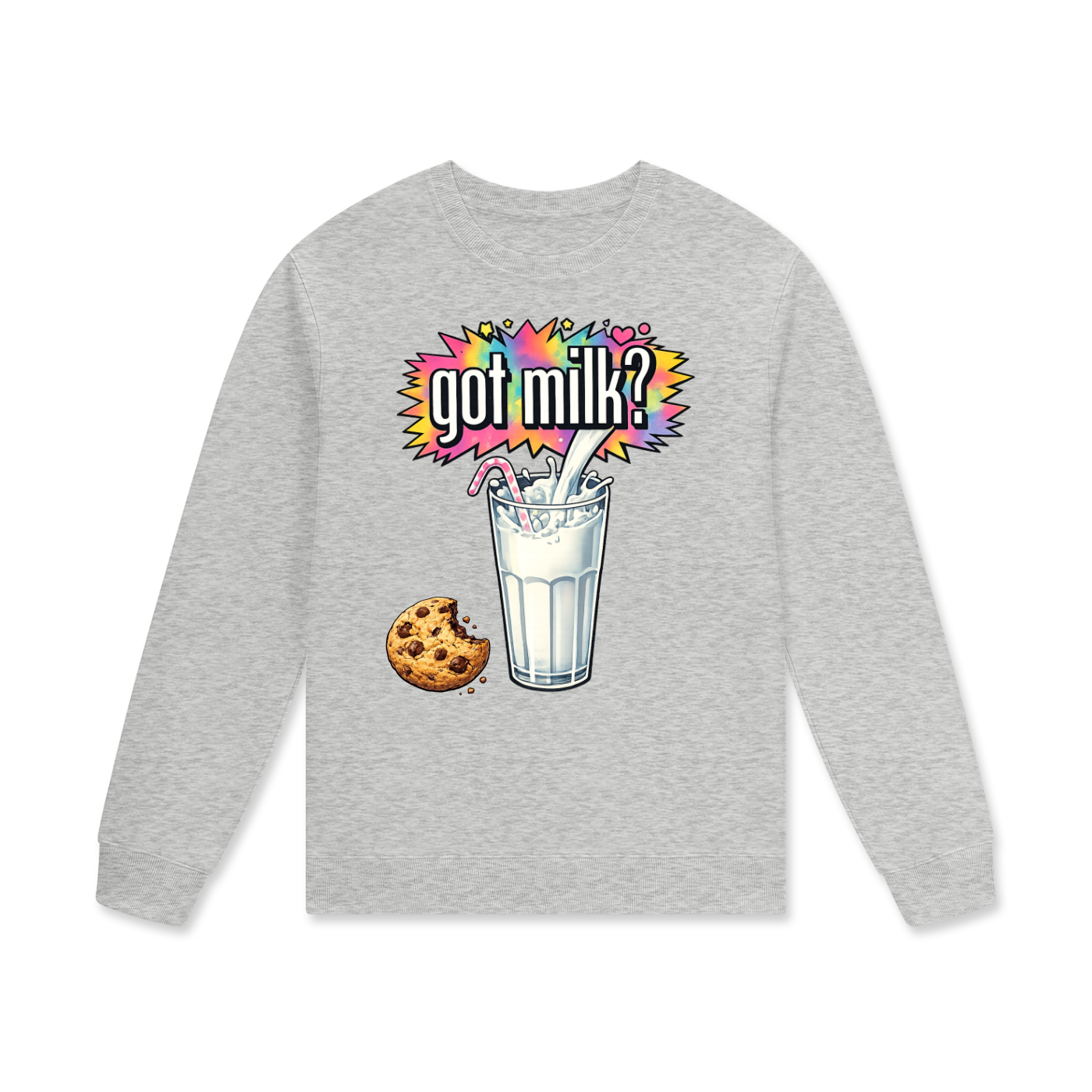 Gray sweatshirt with 'got milk?' graphic design on a white background