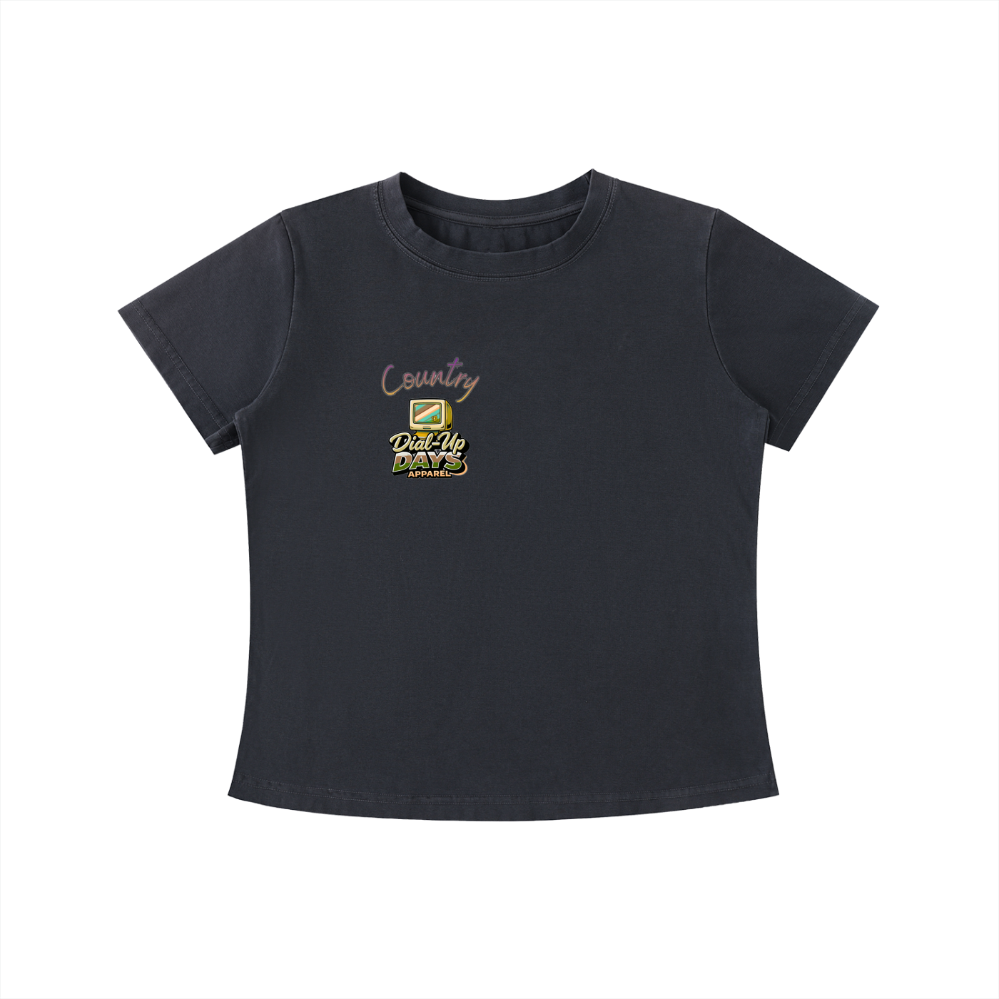 Black t-shirt with a logo on a white background