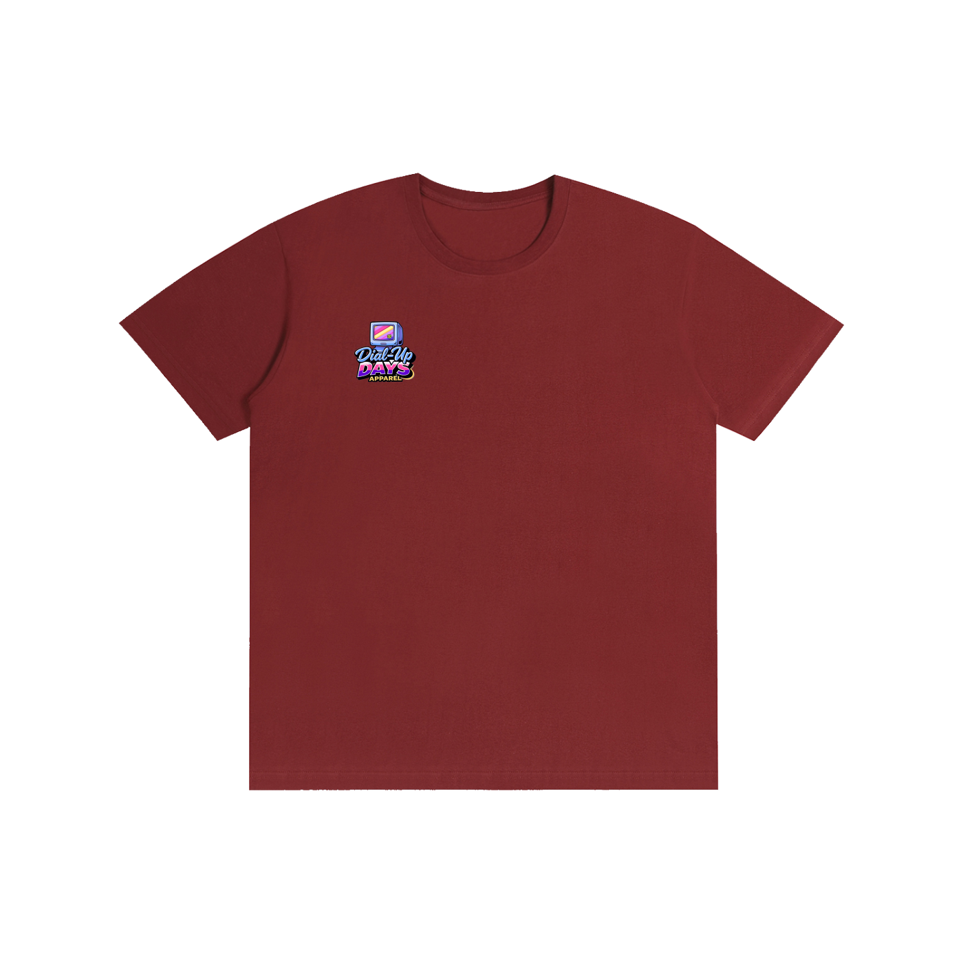 Maroon t-shirt with a logo on the chest against a white background