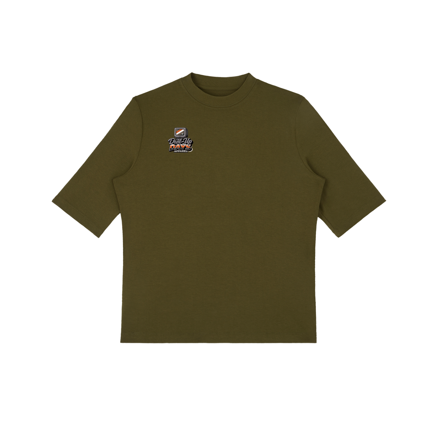 Green t-shirt with a small logo on a white background