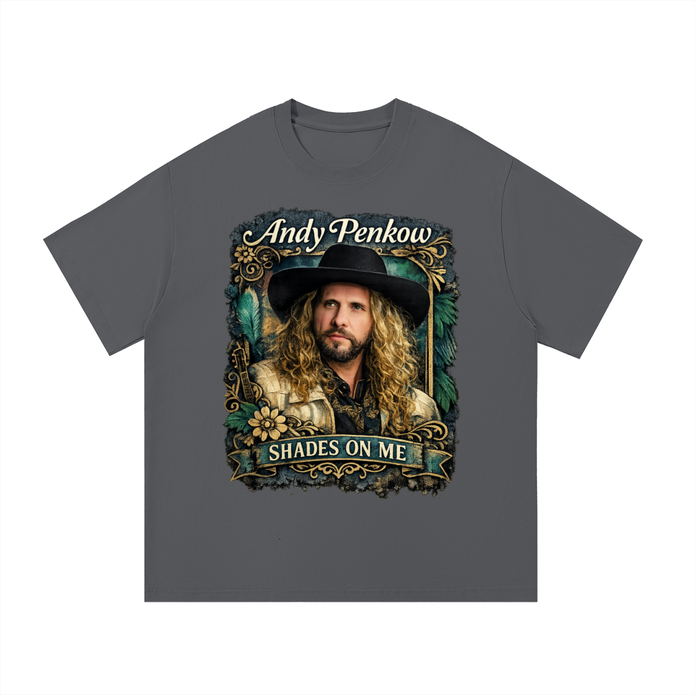 Gray t-shirt with a graphic of a person wearing a hat and text 'Andy Penkow Shades on Me' on a white background