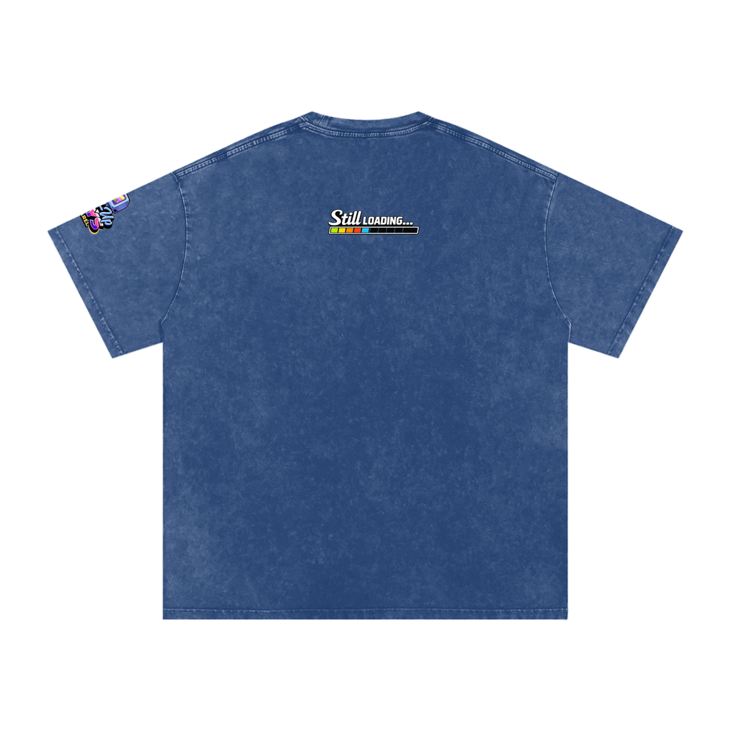 Blue t-shirt with 'Still Loading...' graphic on the back against a white background