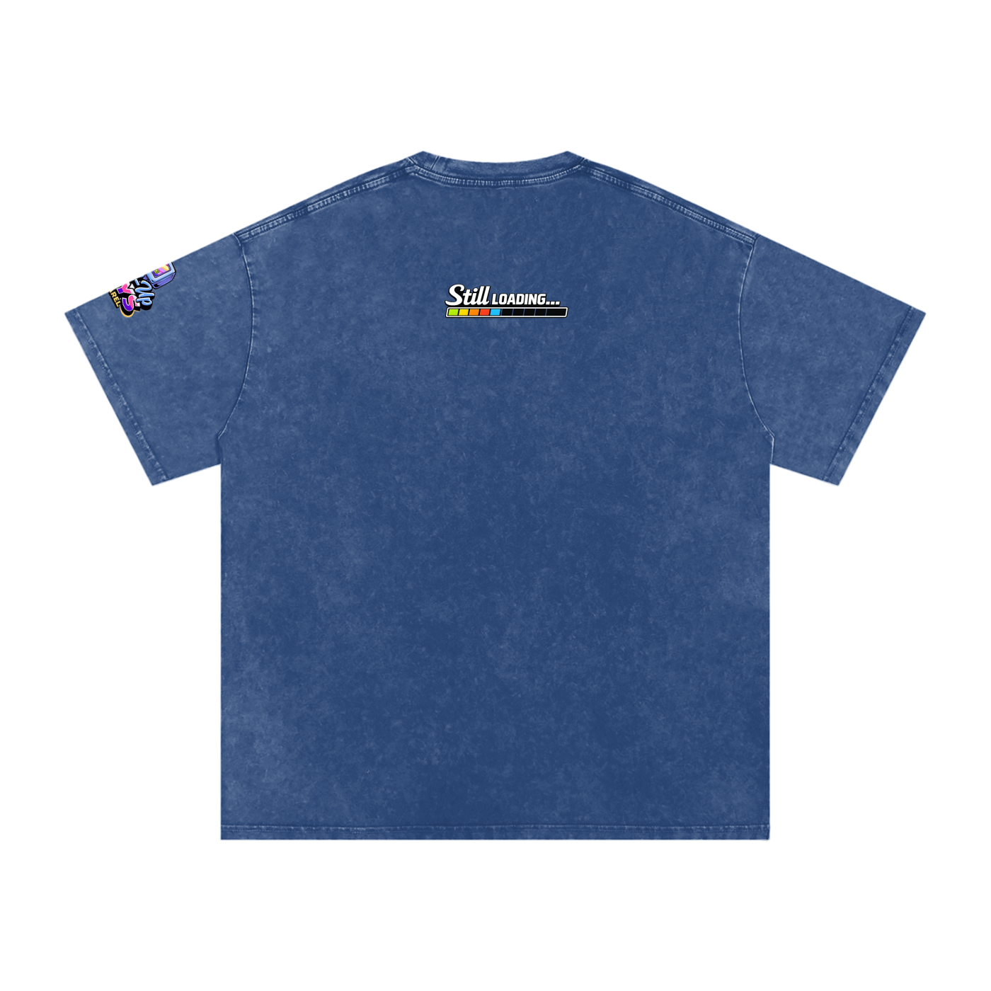 Blue t-shirt with 'Still Loading...' graphic on the back against a white background