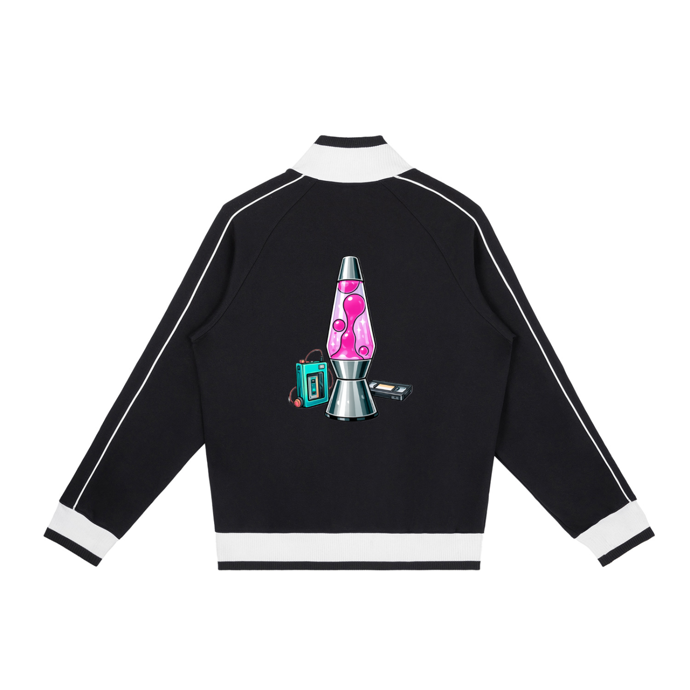 Black jacket with a pink lava lamp design on the back against a white background
