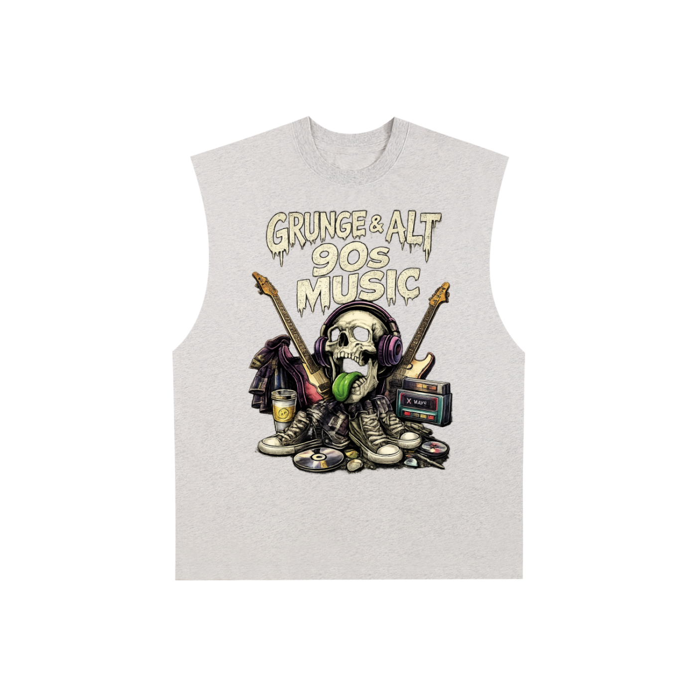 Sleeveless shirt with a graphic design of a skull, guitars, and text 'Grunge & Alt 90s Music' on a white background.