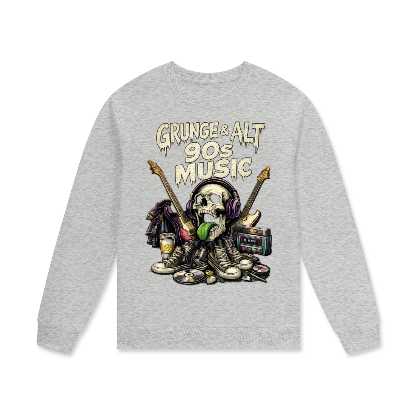 Gray long-sleeve shirt with a graphic design of a skeleton wearing headphones, surrounded by music-themed items, on a white background.