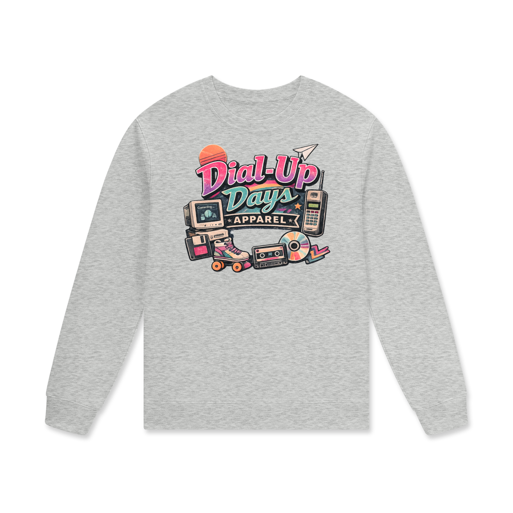 Gray long-sleeve shirt with 'Dial Up Days Apparel' graphic on a white background