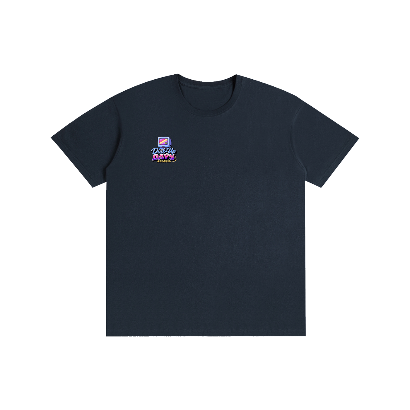 Black t-shirt with a logo on the chest against a white background