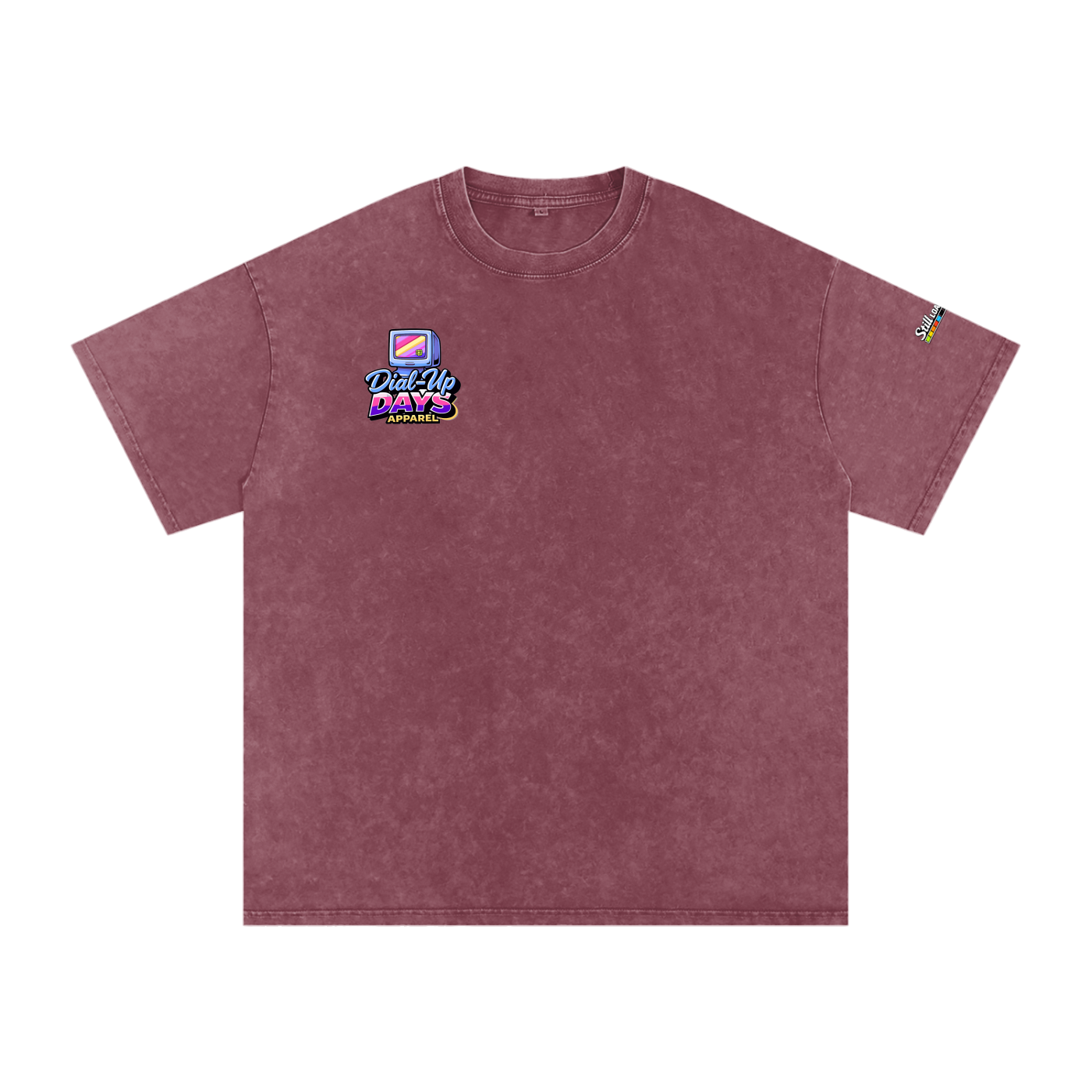Maroon t-shirt with a logo on the chest against a white background