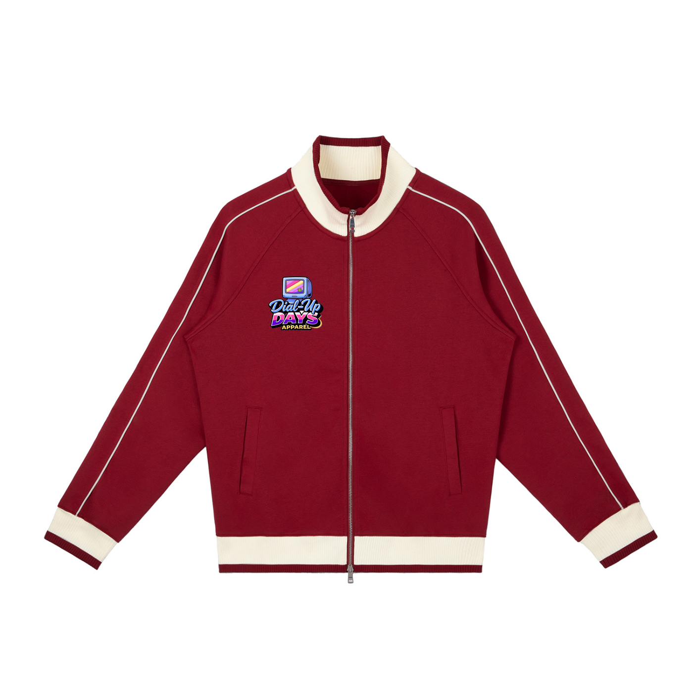 Red jacket with white trim and a logo on a white background