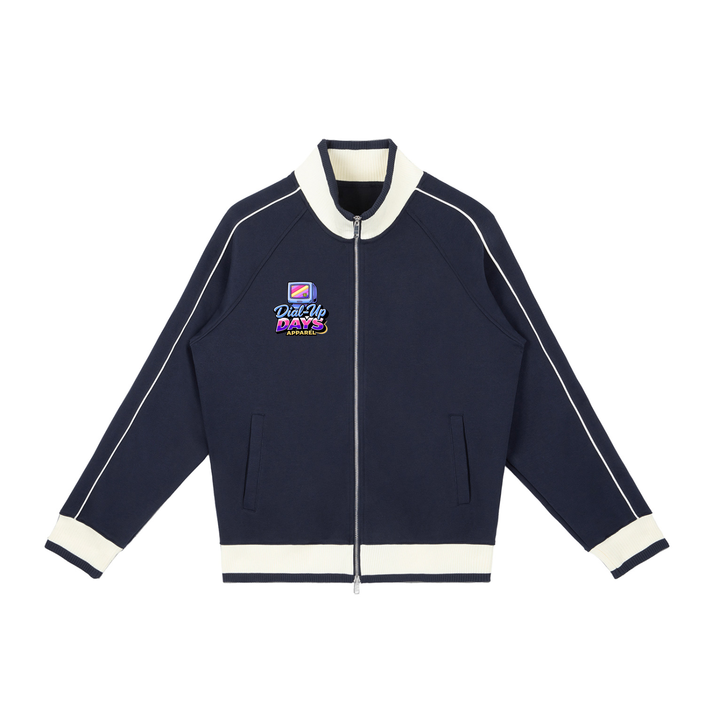 Navy blue jacket with white accents and a logo on a white background