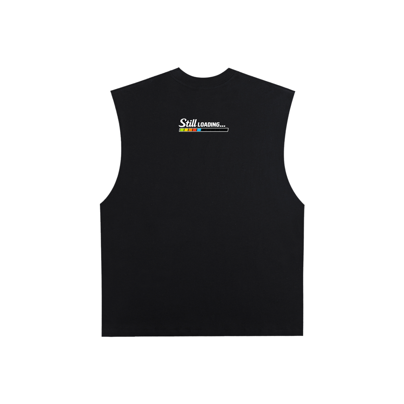 Black sleeveless shirt with a logo on the chest against a white background