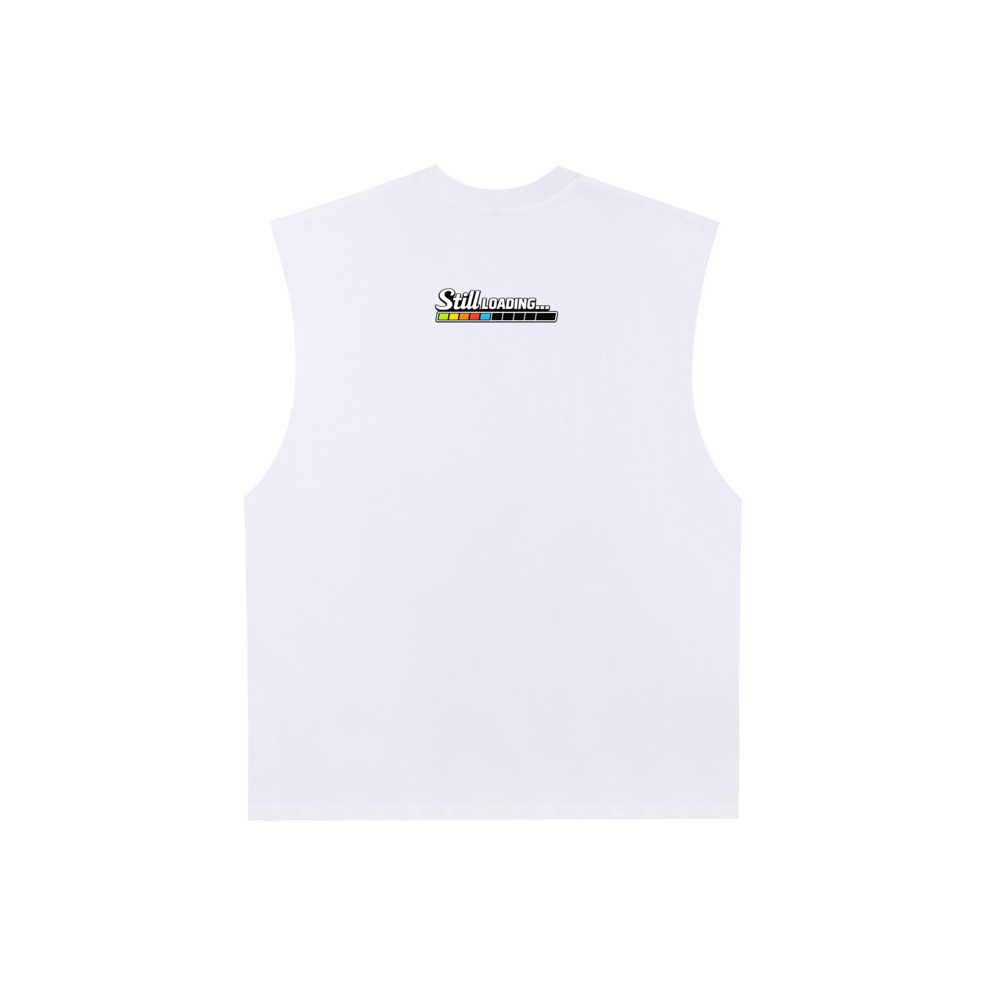 White sleeveless shirt with a logo on the chest against a white background
