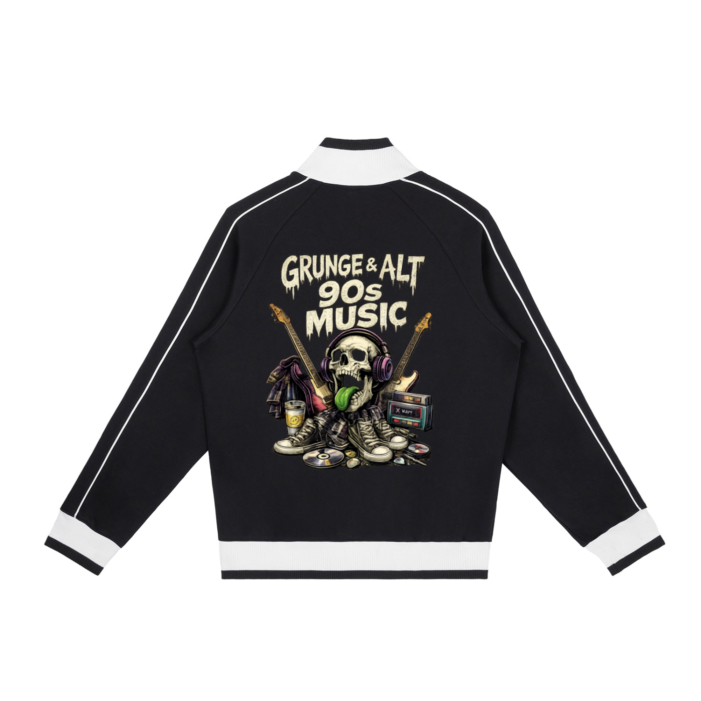 Black jacket with 'Grunge & Alt 90s Music' design on a white background
