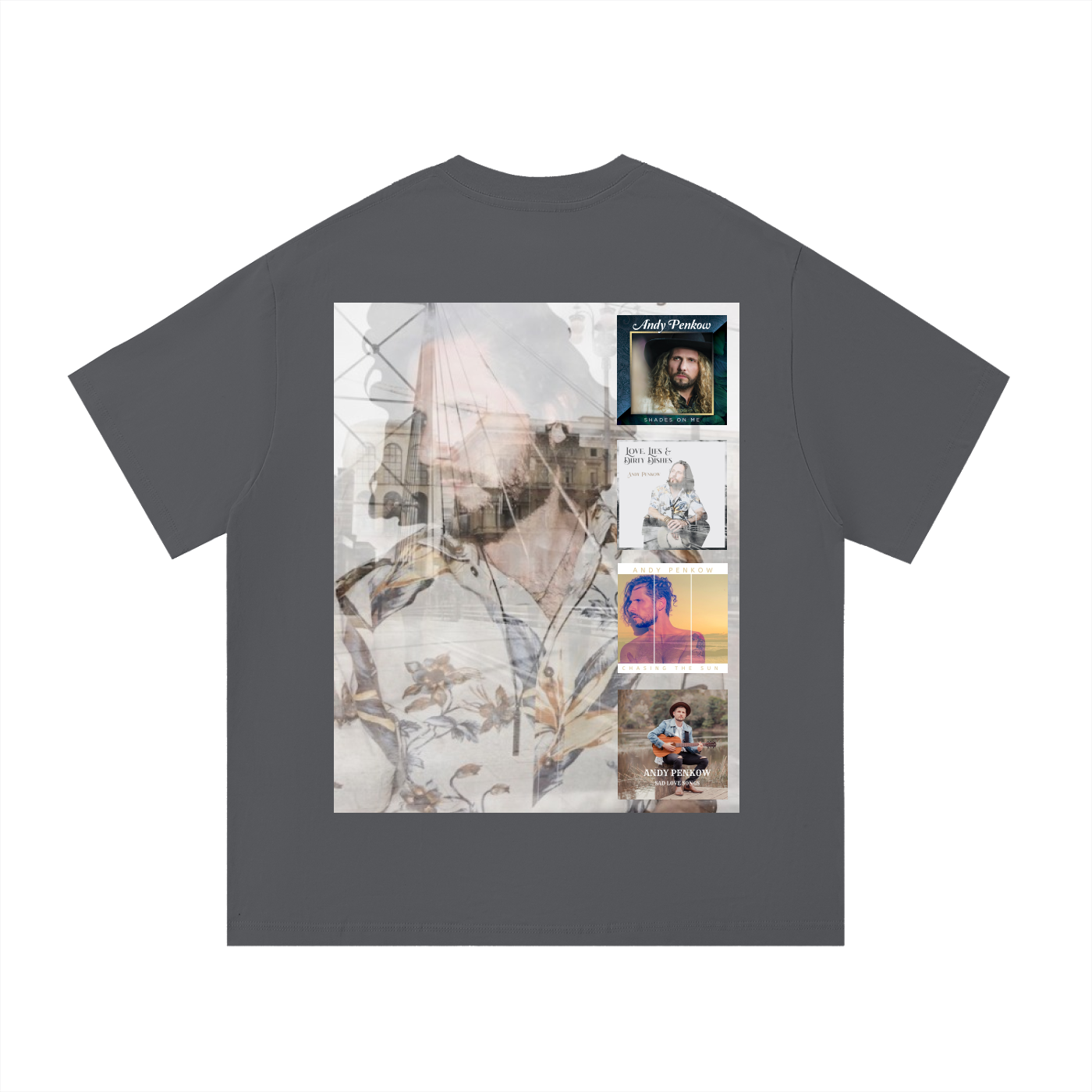 Gray t-shirt with a collage of images on the front