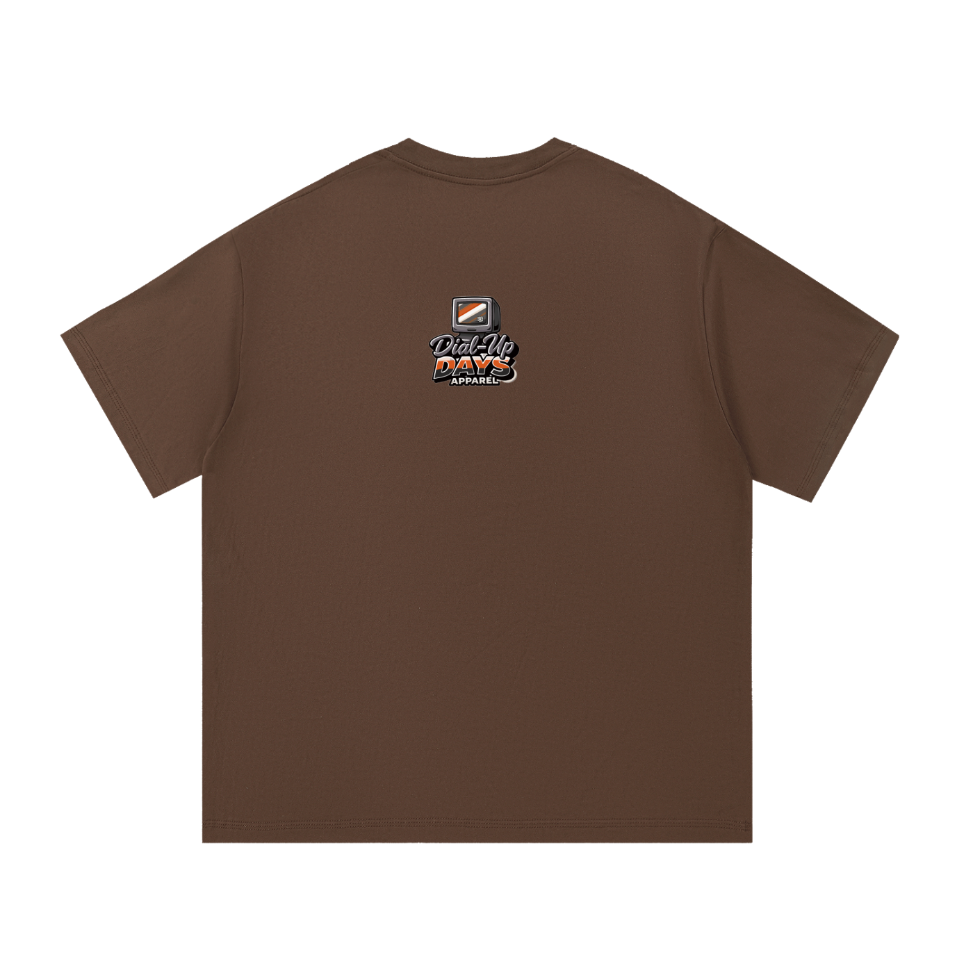 Brown t-shirt with a logo on the back against a white background