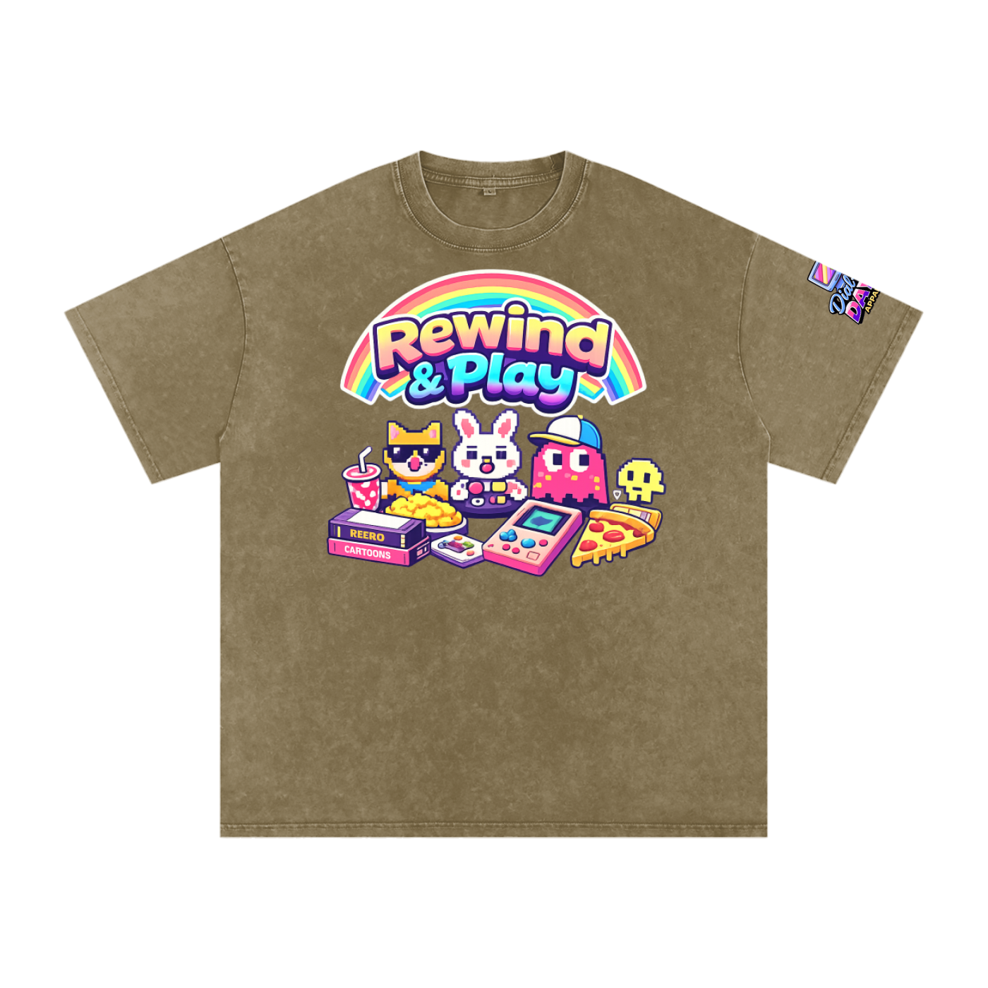 Brown t-shirt with colorful 'Rewind & Play' graphic on a white background