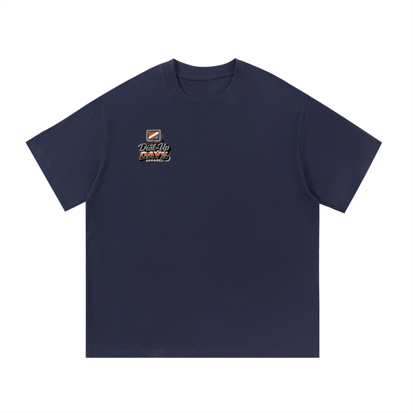Navy blue t-shirt with a logo on the chest against a white background