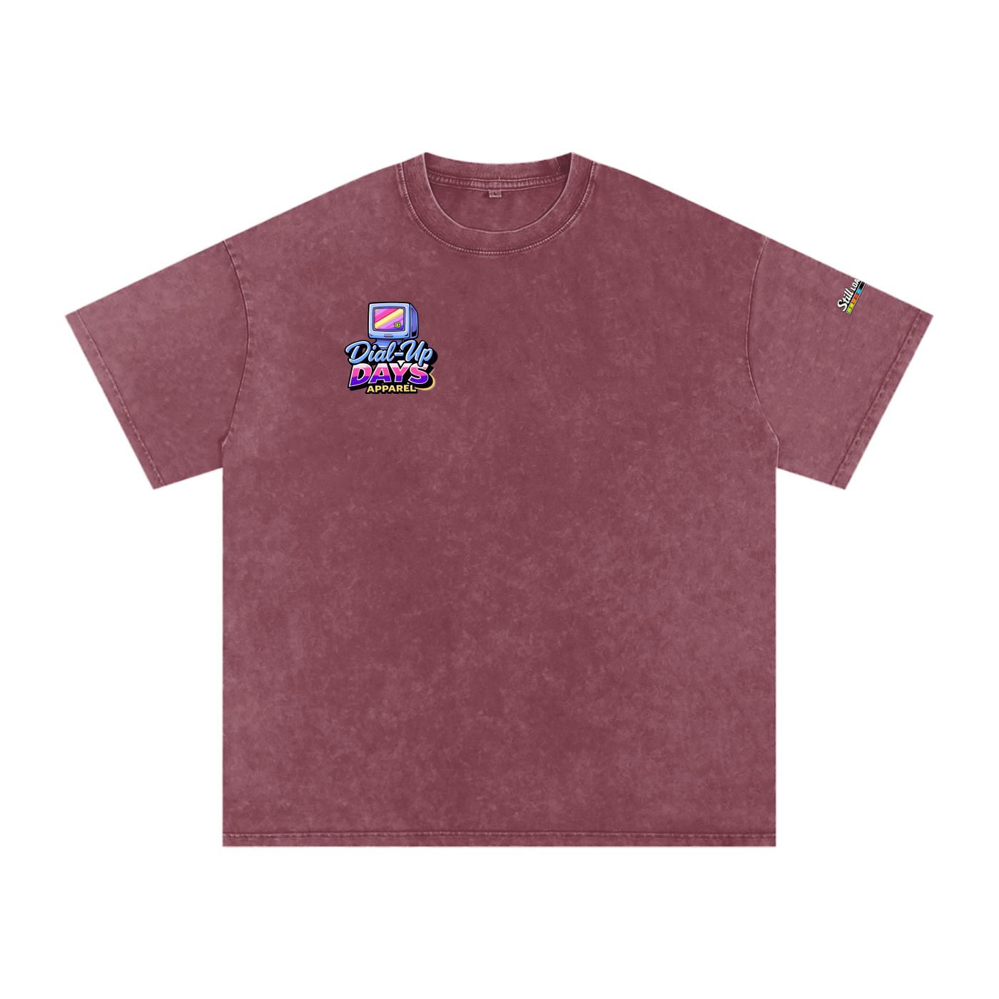 Maroon t-shirt with a logo on the chest against a white background
