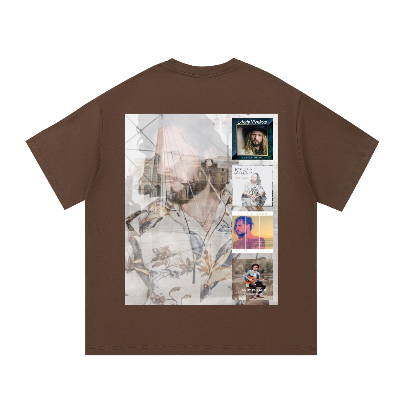 Brown t-shirt with a collage of images on the back against a white background