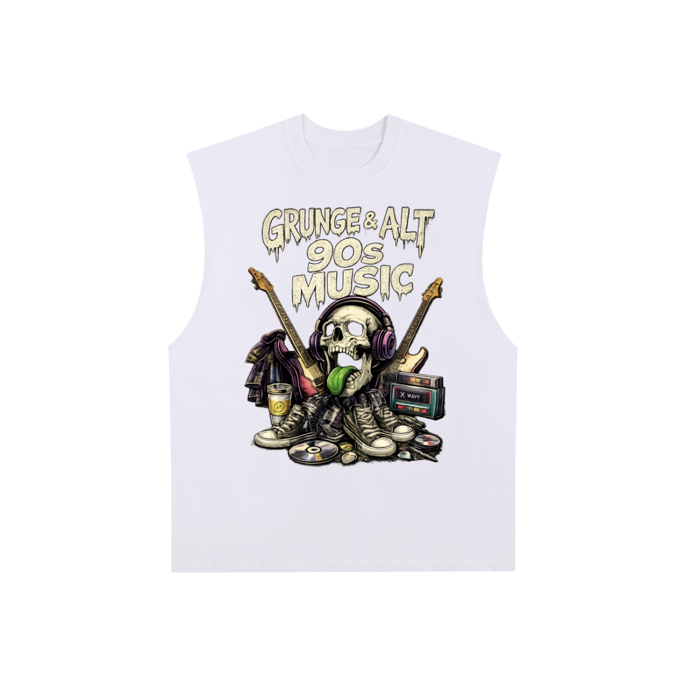 White sleeveless shirt with a graphic design of a skull, guitars, and text 'Grunge & Alt 90s Music' on a white background.