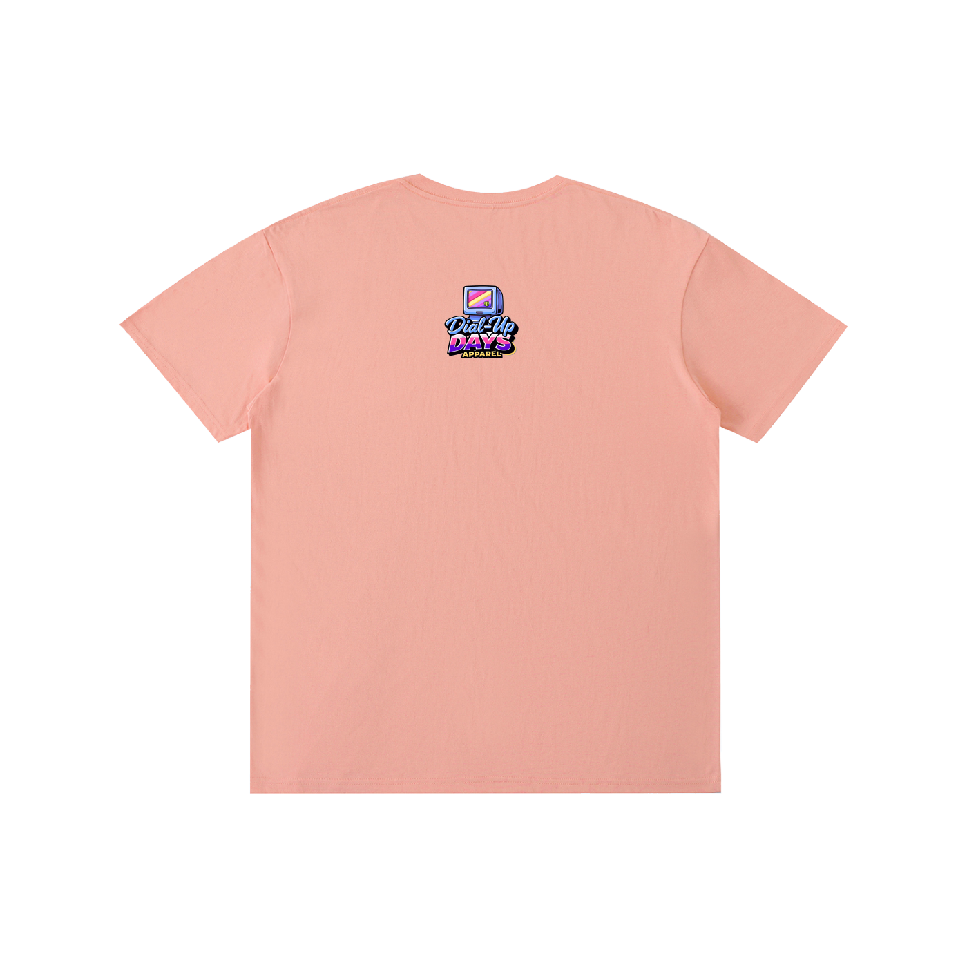 Pink t-shirt with a logo on the back against a white background