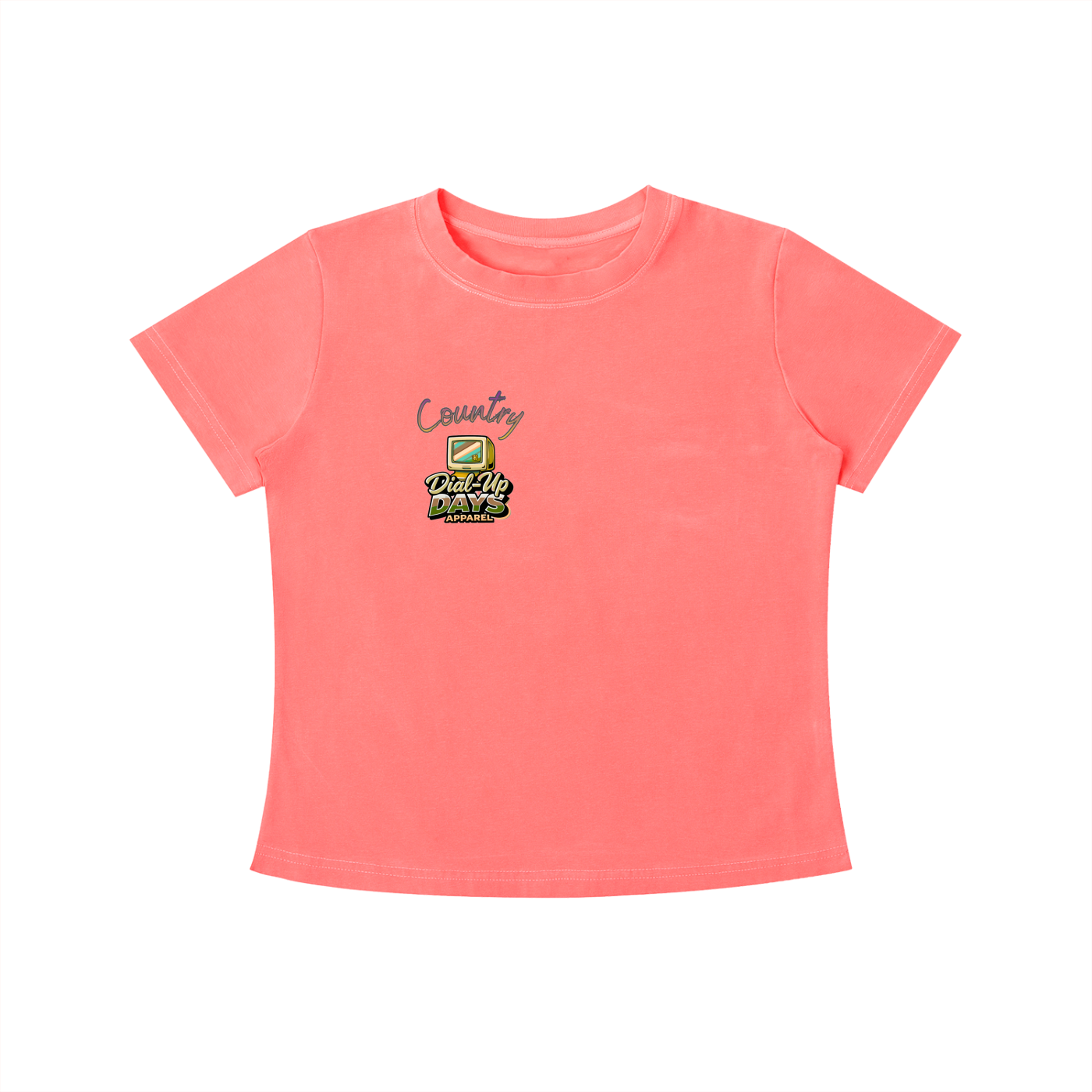 Pink t-shirt with a logo and text on a white background