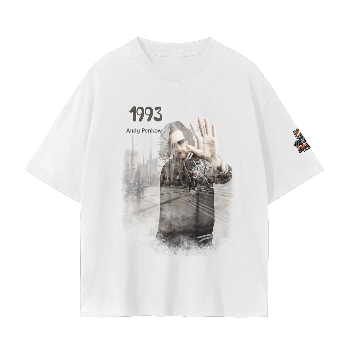 White t-shirt with graphic design featuring a person and text on a white background