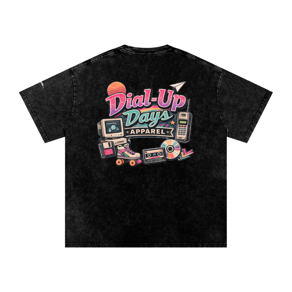 Black t-shirt with 'Dial-Up Days Apparel' graphic on a white background