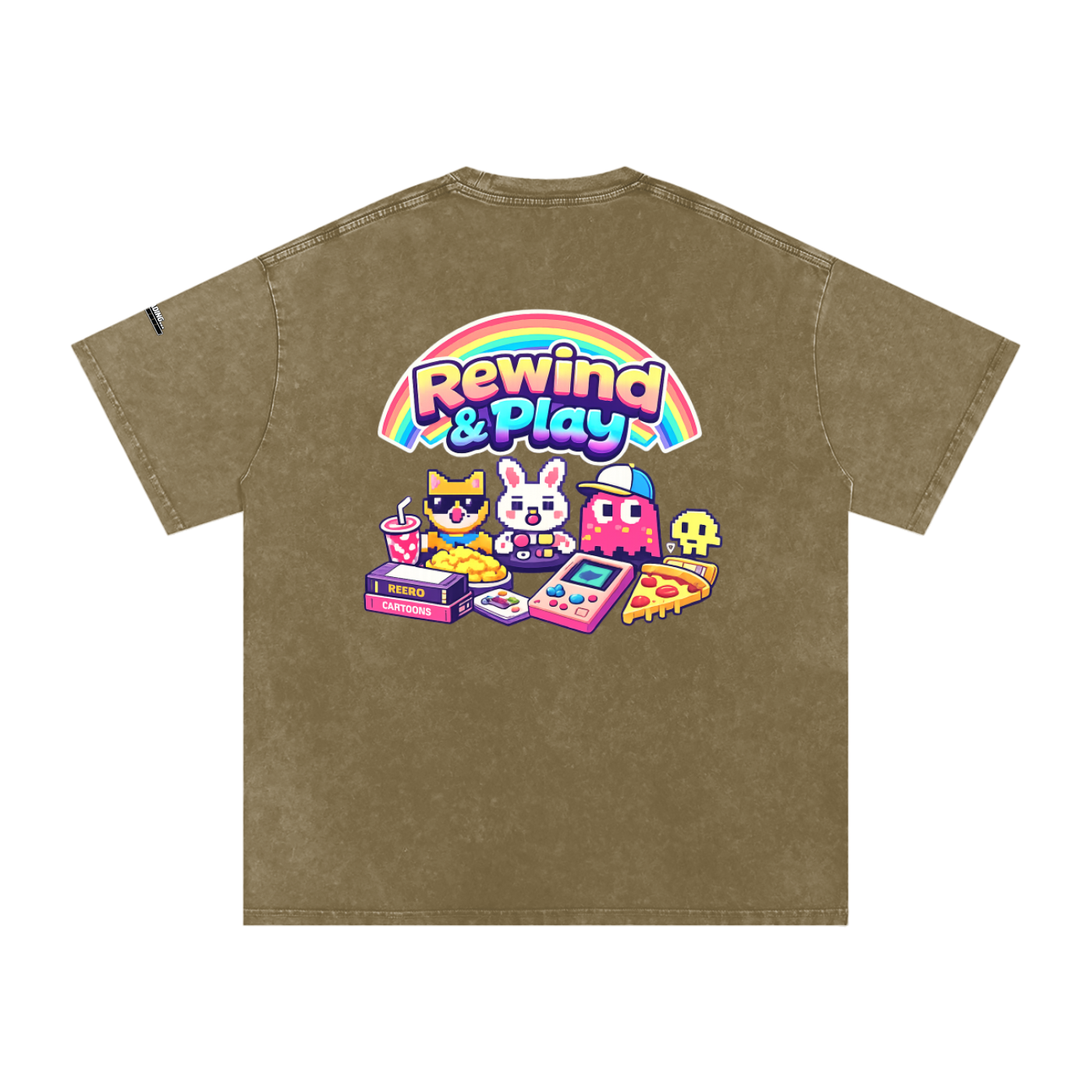 Brown t-shirt with 'Rewind & Play' graphic on a white background