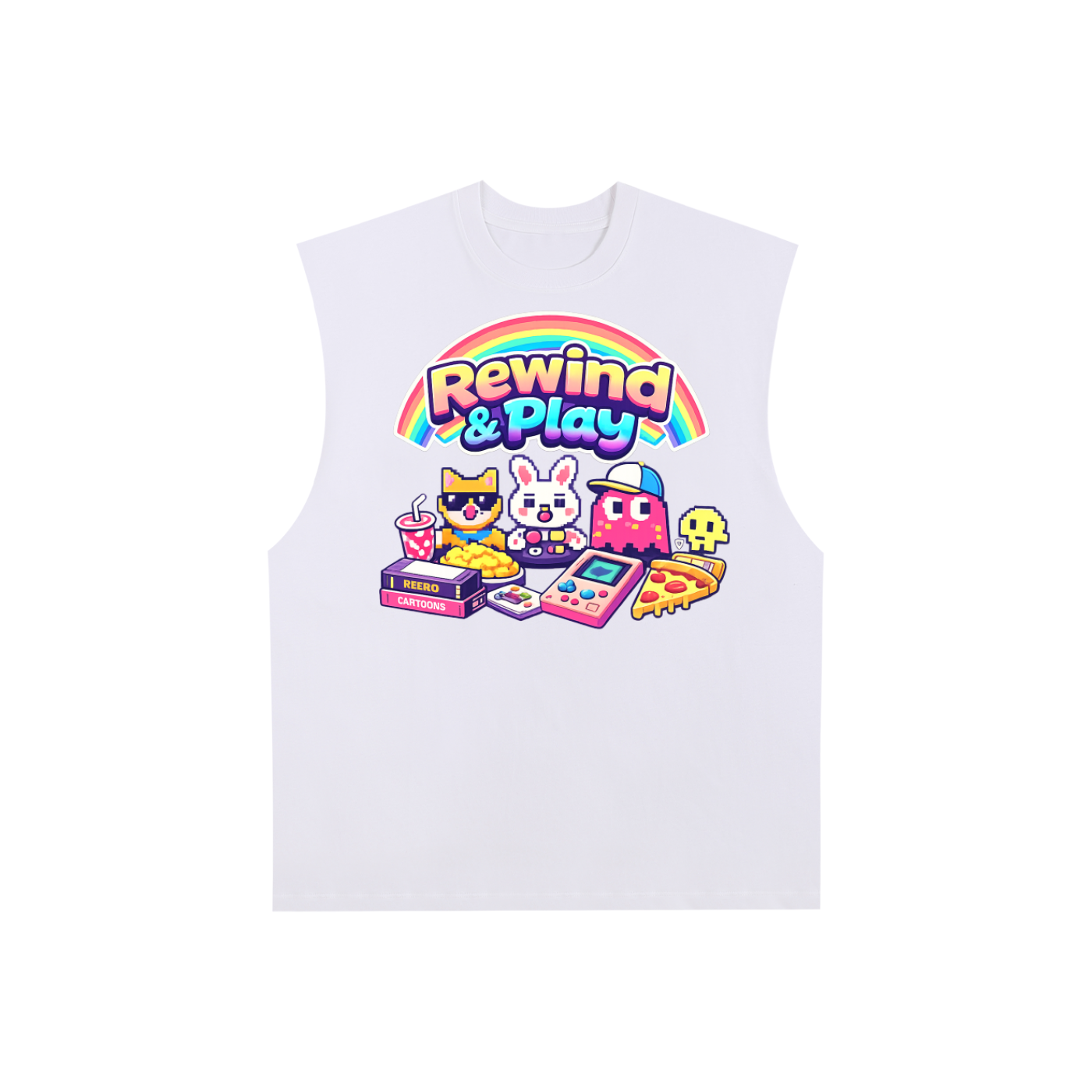 White sleeveless shirt with 'Rewind & Play' graphic design on a white background
